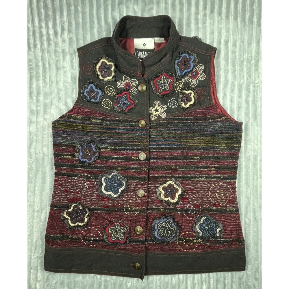 Yak Magik‎ Vest Women's S Multicolor Patchwork Artsy Boho Button Up Embroidered